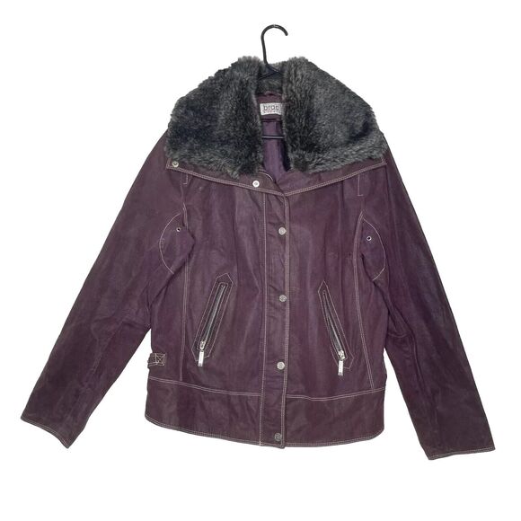 Bradley Bayou Jackets & Blazers - Y2K Purple Leather Jacket Women’s L Moto Biker Grunge Faux Fur Collar Leather
